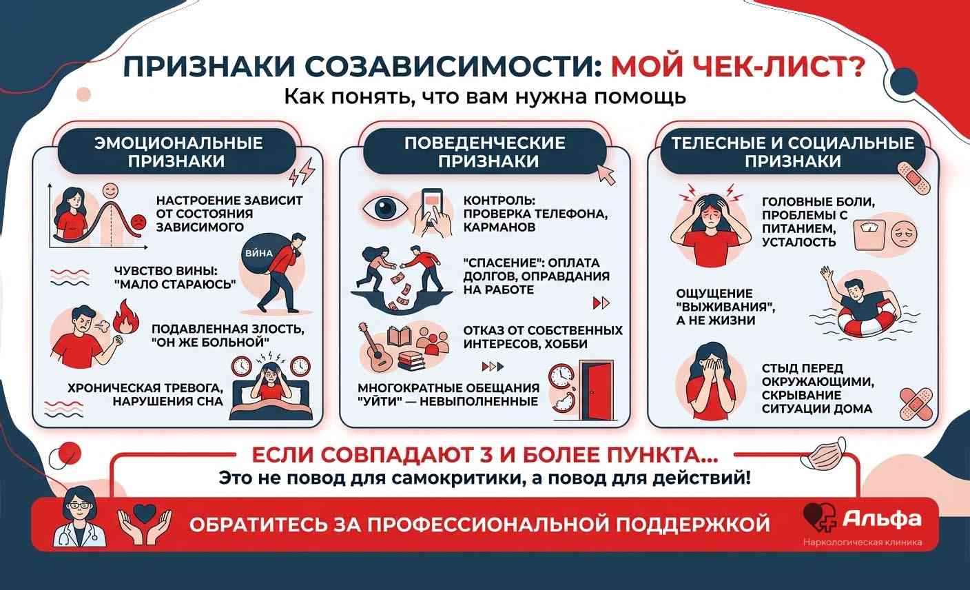 Наглядный чек-лист: как распознать признаки созависимости у себя и когда стоит обратиться за помощью Инфографика о эмоциональных, поведенческих и телесных признаков созависимости в отношениях с зависимым