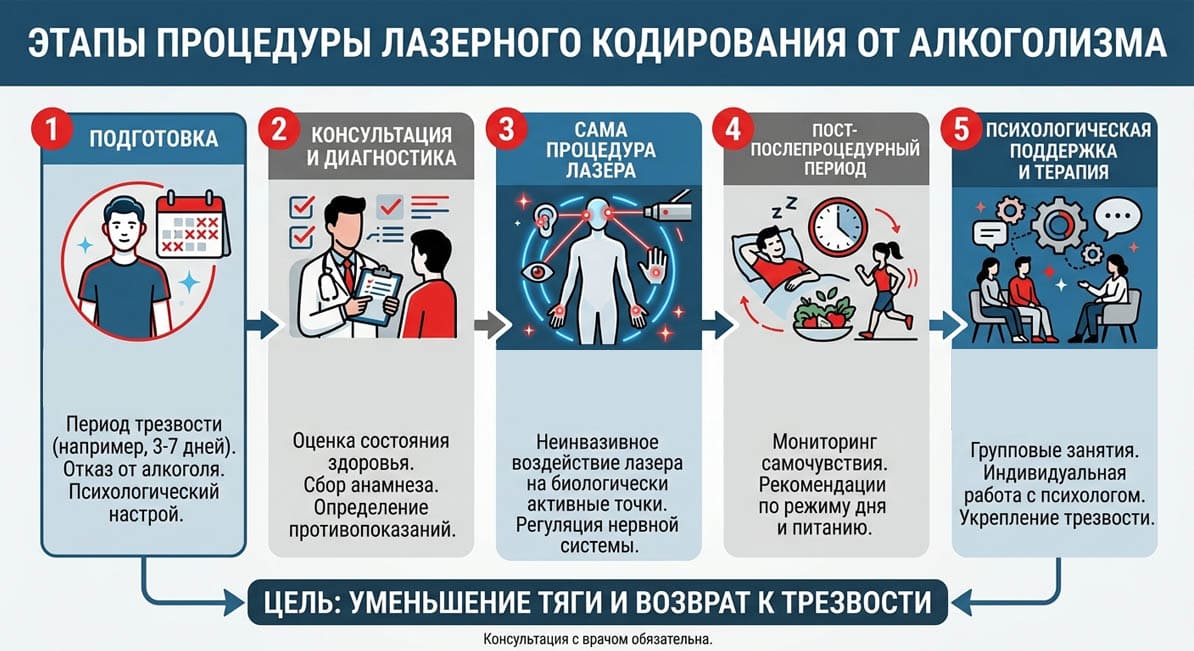 Инфографика, описывающая 5 ключевых этапов процедуры лазерного кодирования от алкоголизма